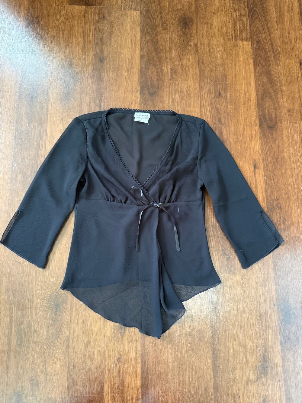 Byerwear VTG Split Front Sheer Tie Blouse Black Sz L Whimsygoth Y2K Casual